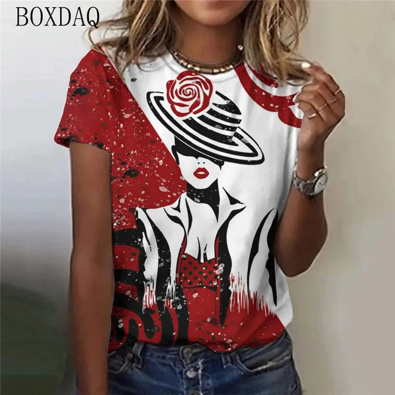 Women Fashion T-Shirts Short Sleeve Hand-Painted Character Face 3D Print Streetwear Ladies T-Shirt Summer O-Neck Casual Tops