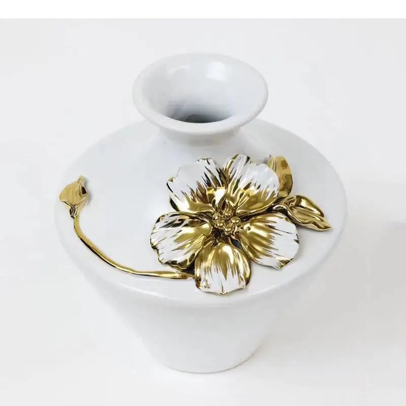 Gold-plated Flower Relief Ceramic Vase Porcelain Pots Desk Decoration Floral Vases Arrangement Modern Home Decor