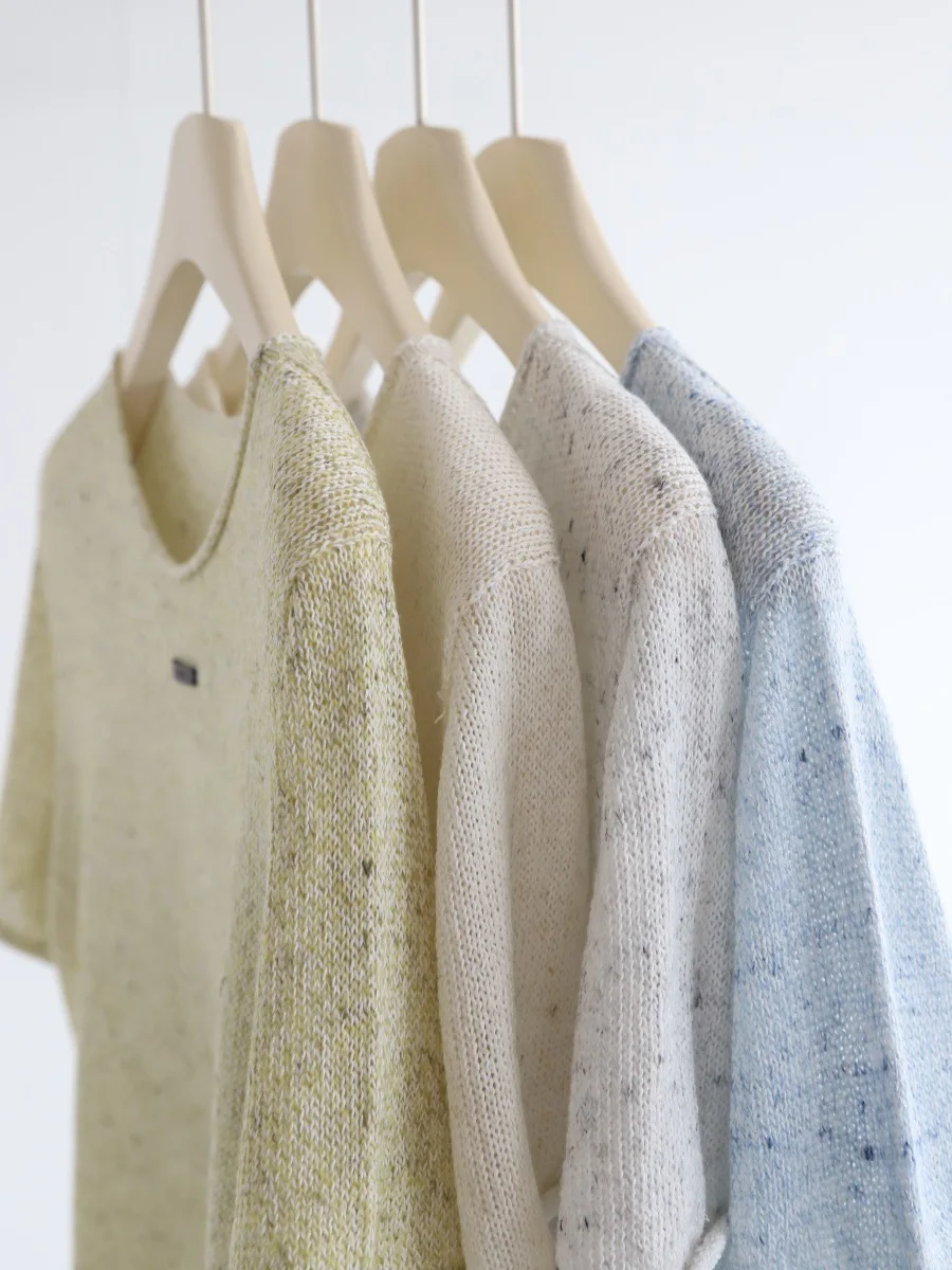 Dave&di Moya 7-needle Linen Paper Yarn Blended Loose Curled Collar Label Decorative Short Sleeve Knitted Top Women's Summer New