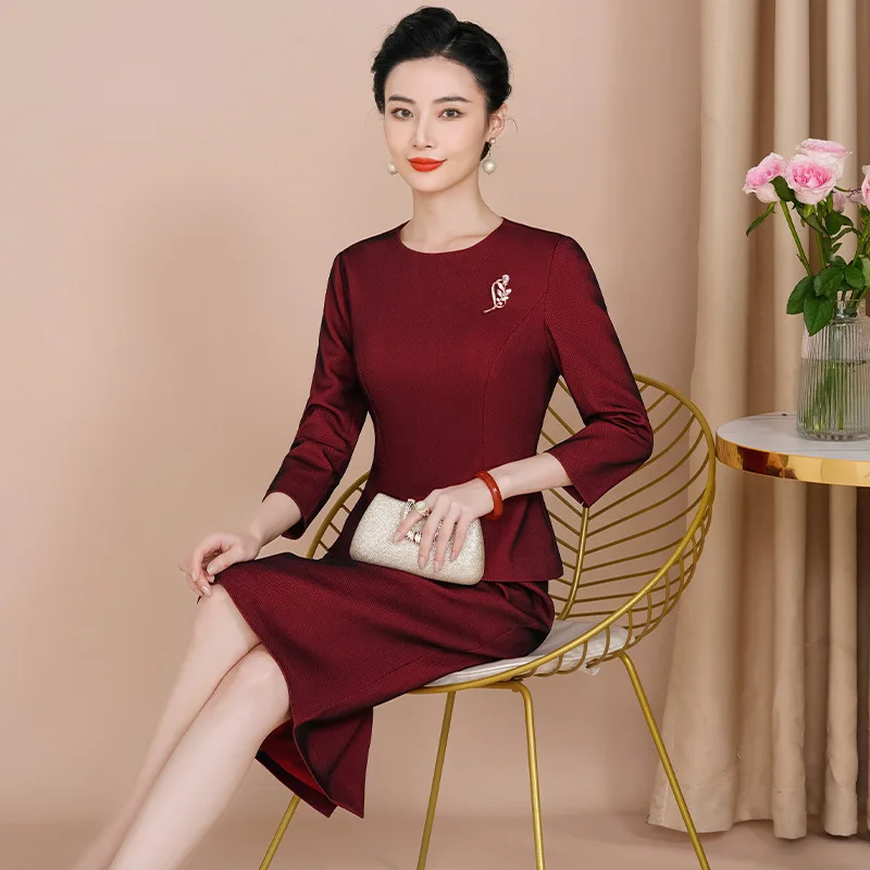 

Yourqipao Autumn Noble Dignified Temperament Burgundy Tops Skirt Suit Mother Chinese Wedding Evening Dress Qipao for Women