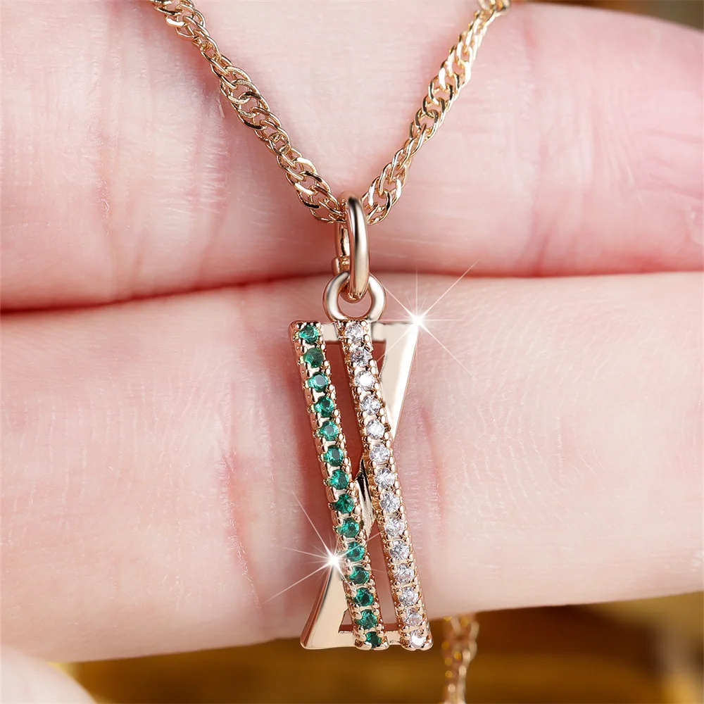 Green Blue Purple Zircon X Pendant Stone Necklaces for Women Vintage Gold Color Chain Necklace Wedding Jewelry Mother's Day Gift