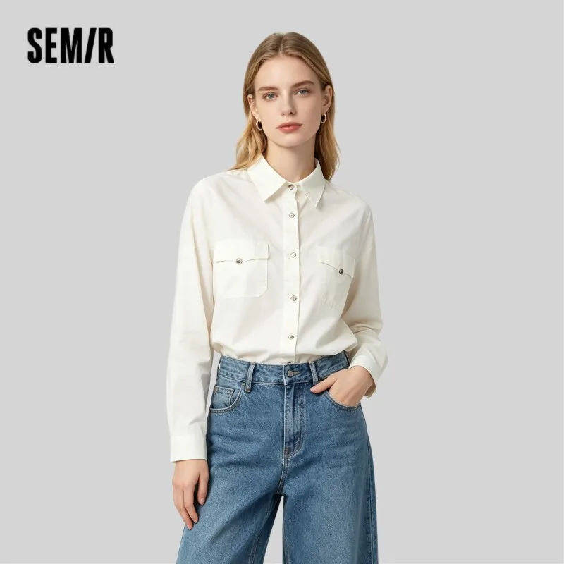 Semir camisa de manga longa feminina comprimento médio diamante padrão algodão 2025 nova primavera topo oversize para looks casuais e chiques