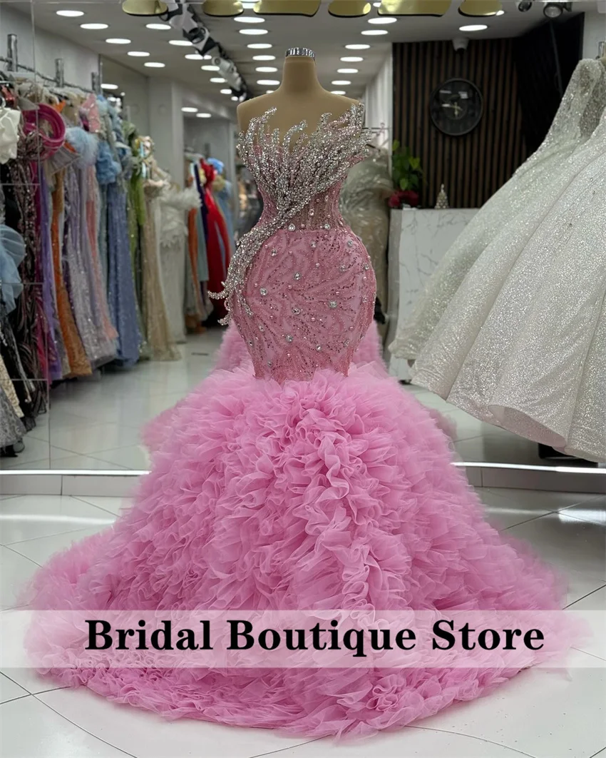 

New Design Sparkly Diamonds Pink Evening Dress Puffy Ruffle Beads Crystal Prom Birthday Wedding Party Dress Customized