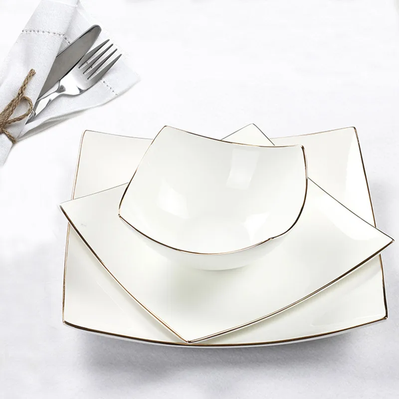 

High-grade Bone China Gold Wire Tableware Ceramic Dining Plates Vegetable Salad Bowls Kitchen Dinner Set Plates And Dishes