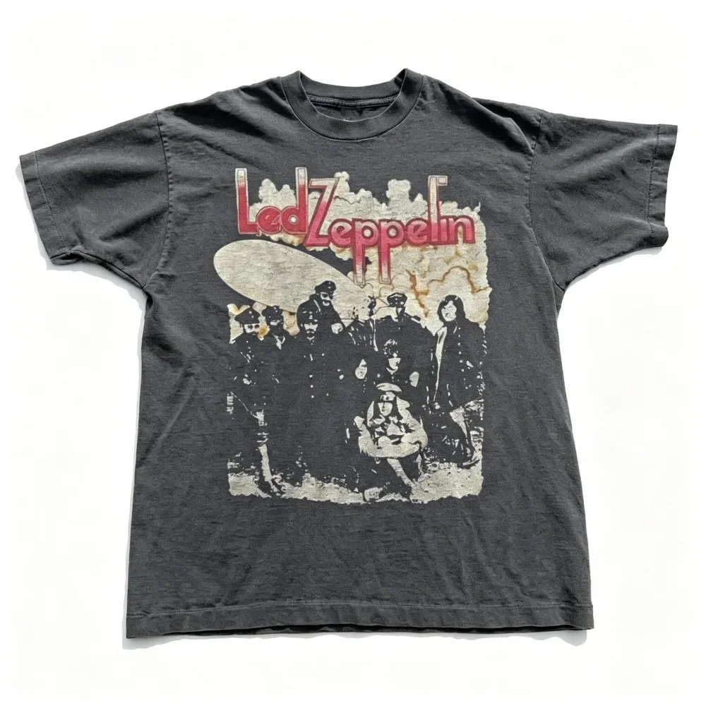 2026 New Men Vintage Led Zeppelin Print T-shirt Oversized Round Neck Short Sleeve Tops   Casual Streetwear Unisex Graphic Tee