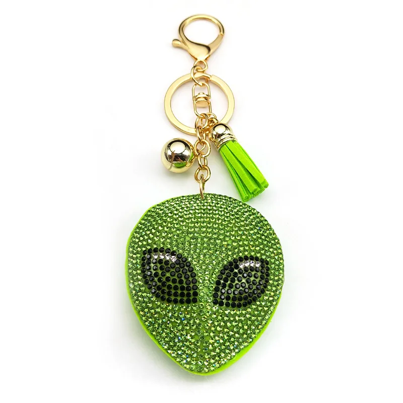 Alien Head Crystal Keychain for Women Men Green Tassel Gold Color Keyring Holder Car Bag Accessories Decorations Jewelry 8731