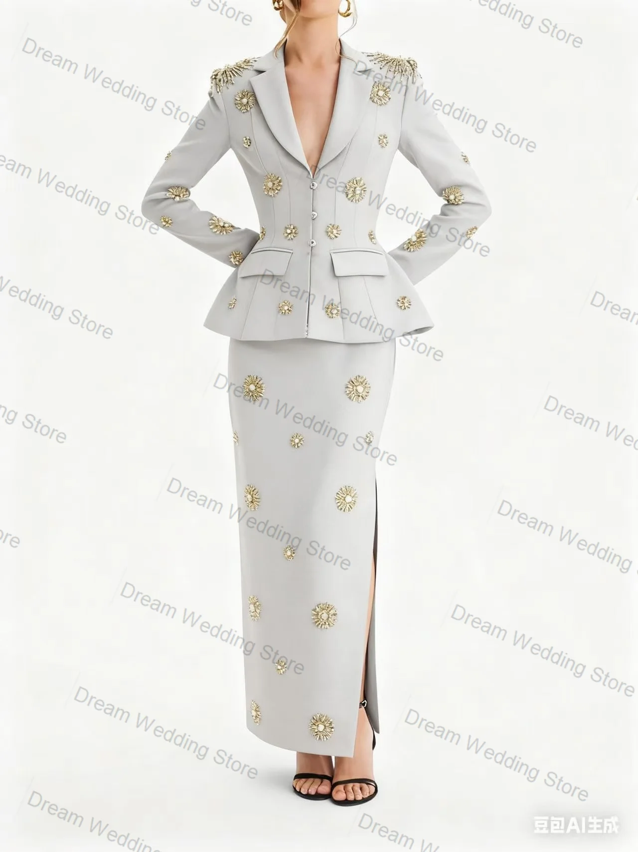 المرأة البدلة تنورة مجموعة 2 قطعة السترة فستان حفلة موسيقية بلورات فاخرة مكتب رسمي سترة حريمي مخصصة ضيف حفل زفاف معطف #4