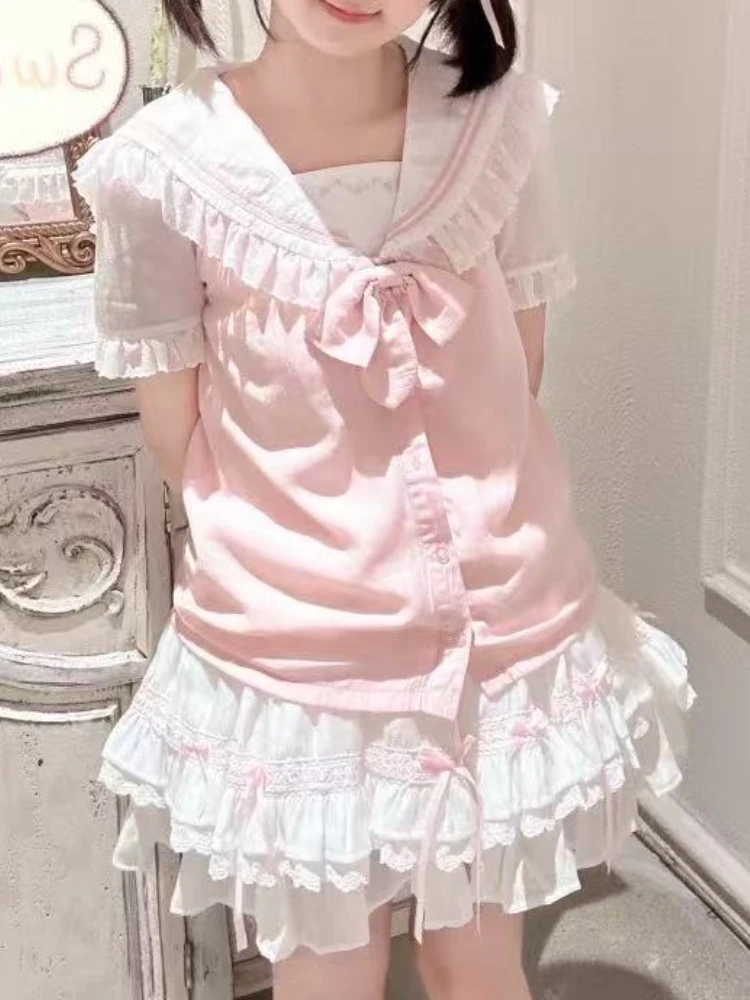 

Japanese Sweet Preppy Style 2 Piece Set Women Cute Bow Design Tops + Kawaii Lace Skirt New Harajuku Retro Fairy Summer Outfits