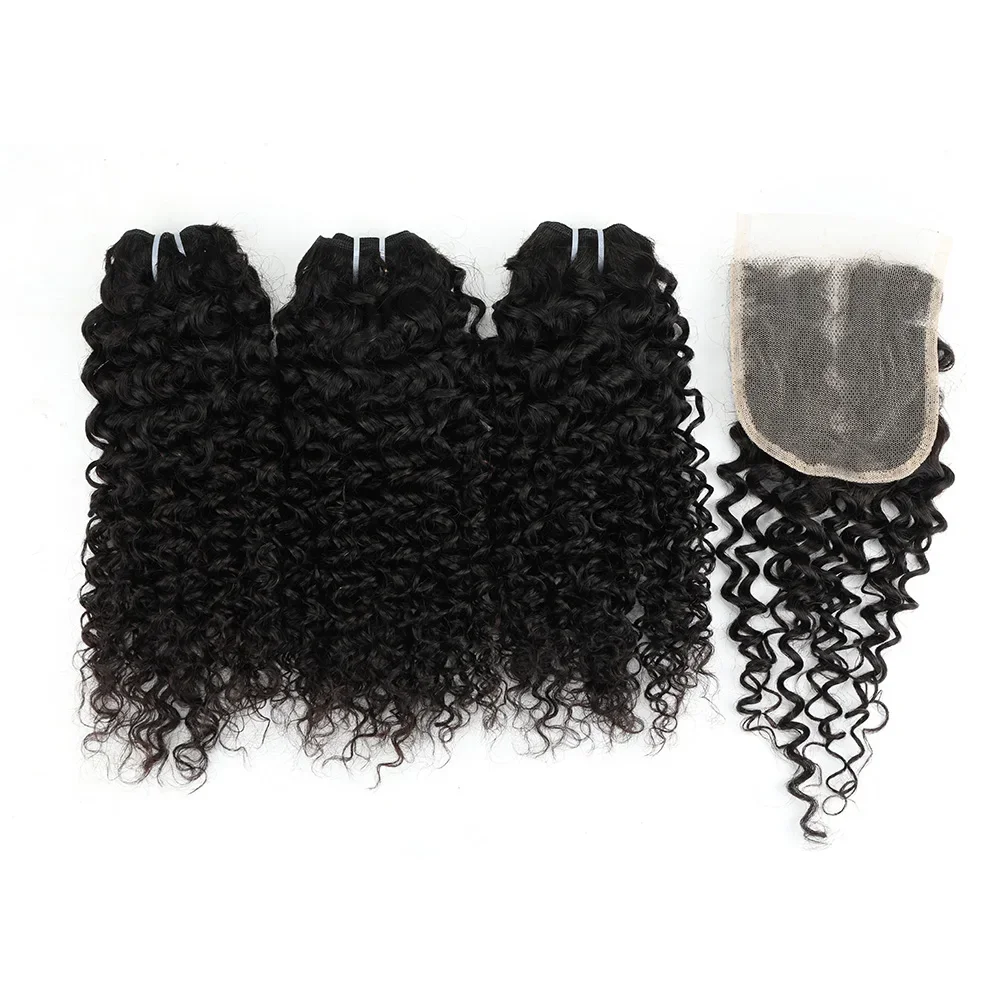 Mongolian Afro Kinky Curly 3 Bundles with 4X4 Hand Tied Lace Closure Brazilian Human Hair Bundle Deep Curly Bundles with Closure