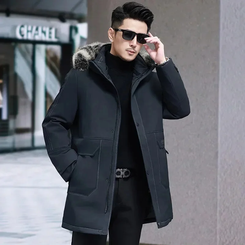 COZOK Faux Fox Fur Collar Long Down Jacket Man Designer Clothes Men Luxury Duck Padding Mens Winter Warm Coat