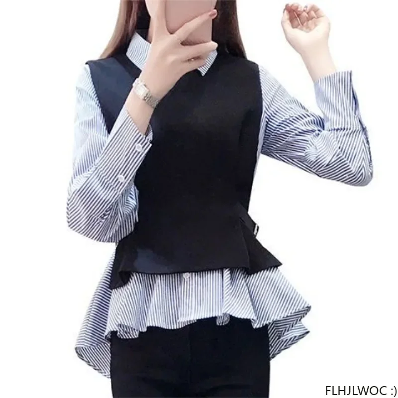 Cute Outfits New Design Chic Korea Fashion Women Long Sleeve Striped Shirts Vest Office Lady Peplum Ruffles Tops