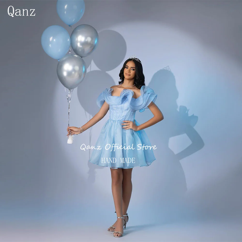 

Qanz Romantic Sky Blue Prom Dress Off The Shoulder Organza Ruffles Short Birthday Party Dresses Mini Cocktail Events Customized