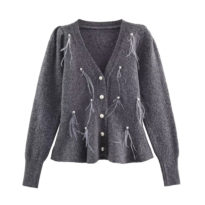 With pearl embellishments and tassel details, puff sleeves, V-neck, button-up style Women's 5 colour knitted cardigan