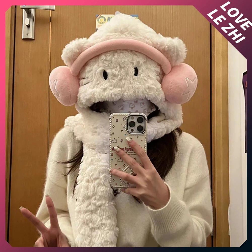 

Kawaii Sanrio Hello Kitty New Creative Design Earphones Plush Hat Scarf Thickening Keep Warm Ear Protection Windproof Beanies