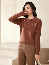 Classic 100% Merino Wool Sweater Autumn Winter Women Polo Collar Striped Knitwear Loose Pullover Long Sleeve Cashmere Clothing