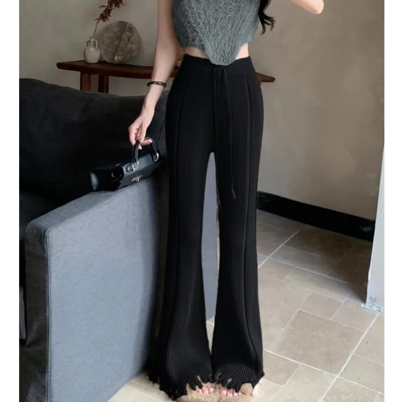 Dzianinowe spodnie codzienne Thiened na zimę, nowe, wyszczuplające, lekko rozszerzane, długie spodnie z frędzlami dla kobiet, z wysokim stanem.