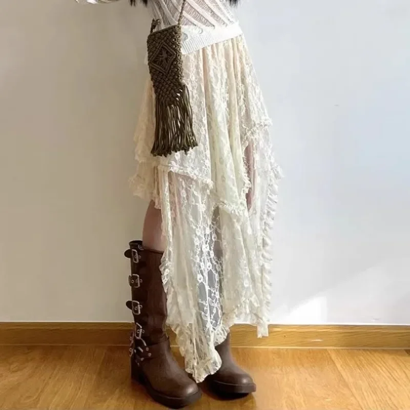 Vintage Elegant Lace Skirt for Women Summer High Waist Loose Trendy Asymmetrical Mid Skirt Y2k Clothes Fashion Street Style