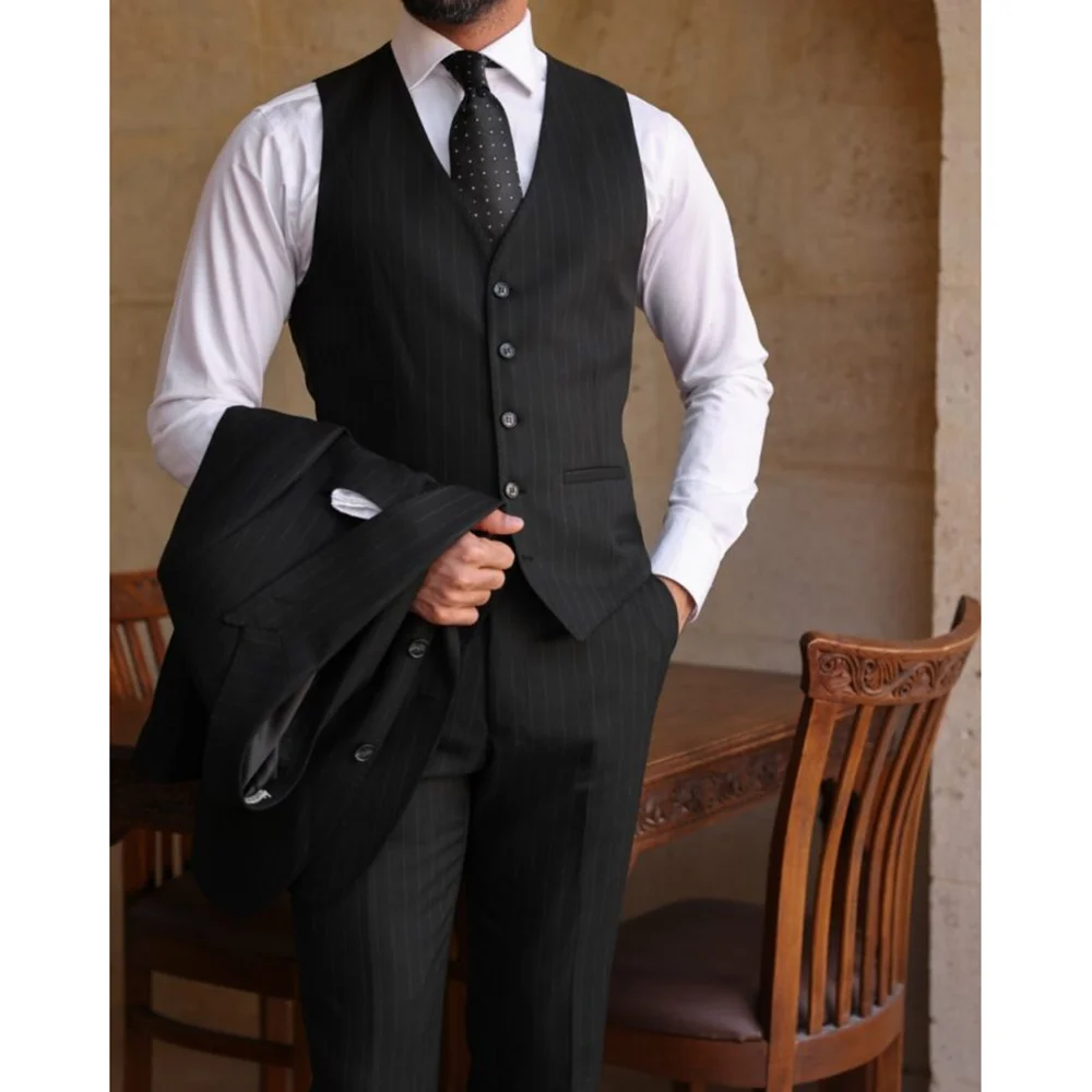 Fashion Striped Men Suits Black Peak Lapel Single Breasted Male Clothing 3 Piece Smart Casual Office Suits (Blazer+Pants+Vest)