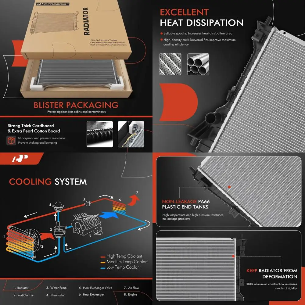 

Радиатор охлаждающей жидкости двигателя A-Premium в сборе, совместимый с Ford Mustang 2005 2006 2007 2008 2009 2010 2011 2012 2013 2014, 3,7 л