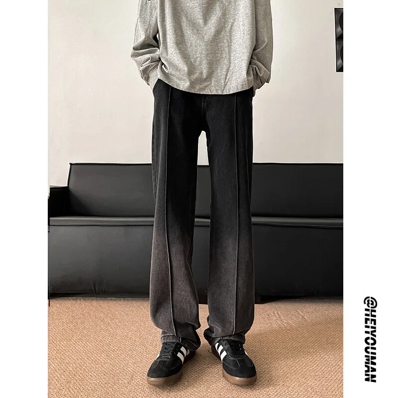 الوردي فضفاض الجينز الرجال موضة ريترو التدرج الأسود الجينز الرجال الشارع الشهير الهيب هوب فضفاض مستقيم الجينز رجالي خمر سراويل جينز