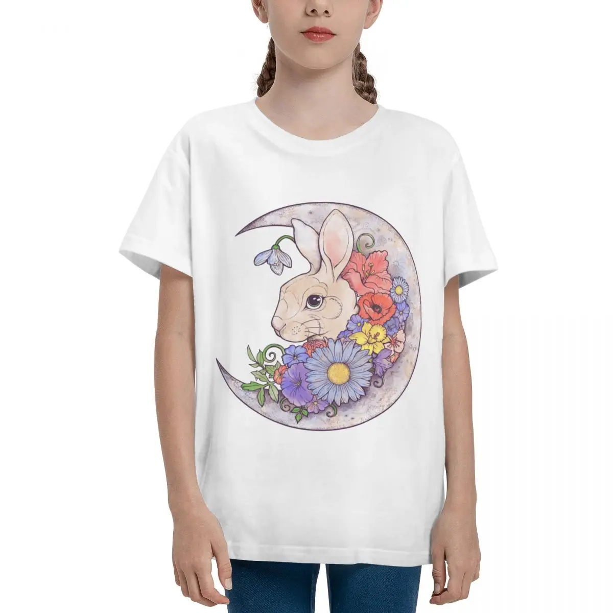 เสื้อยืดแขนสั้นลายกระต่ายและพระจันทร์สำหรับวัยรุ่นเสื้อยืดกราฟิกเซ็กซี่คุณภาพสูง