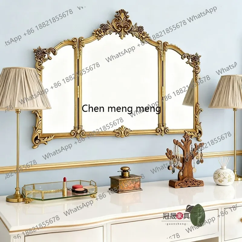 French vintage carved trifold mirror European bathroom wall mounted three-sided mirror bedroom desktop