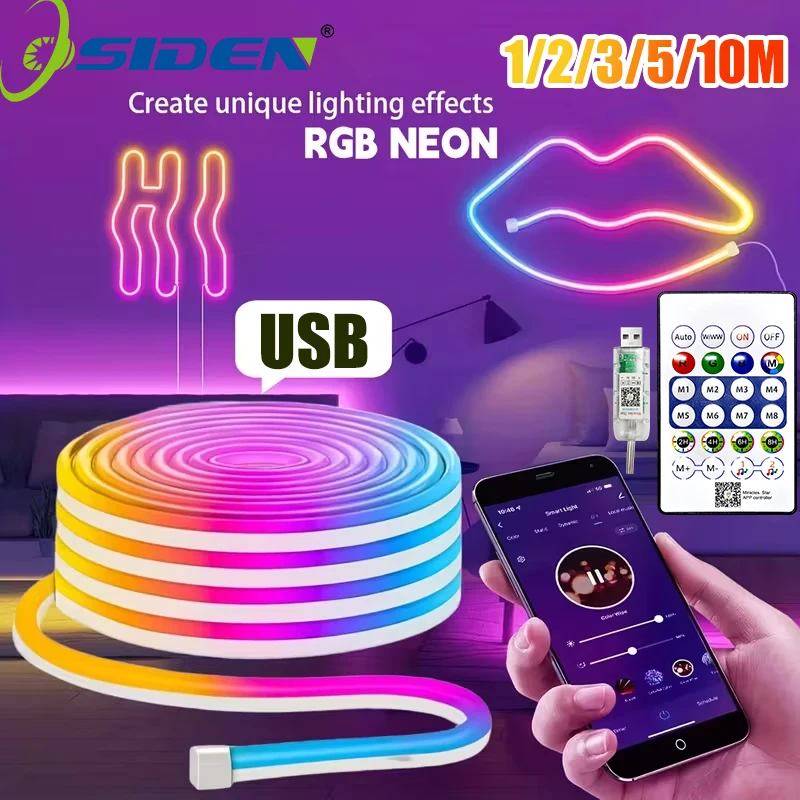 5v Smart RGB Neon Light Strip USB App/Remote Control Music Sync Waterproof Flexible Neon Strip for Bedroom Game Party Decoration