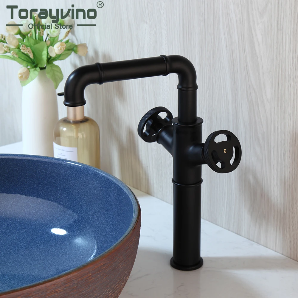 Torayvino Matte Black Industrial Pipe Bathroom Faucet Deck Mounted Basin Sink Faucets Matte Black 2 Handles Mixer Water Tap