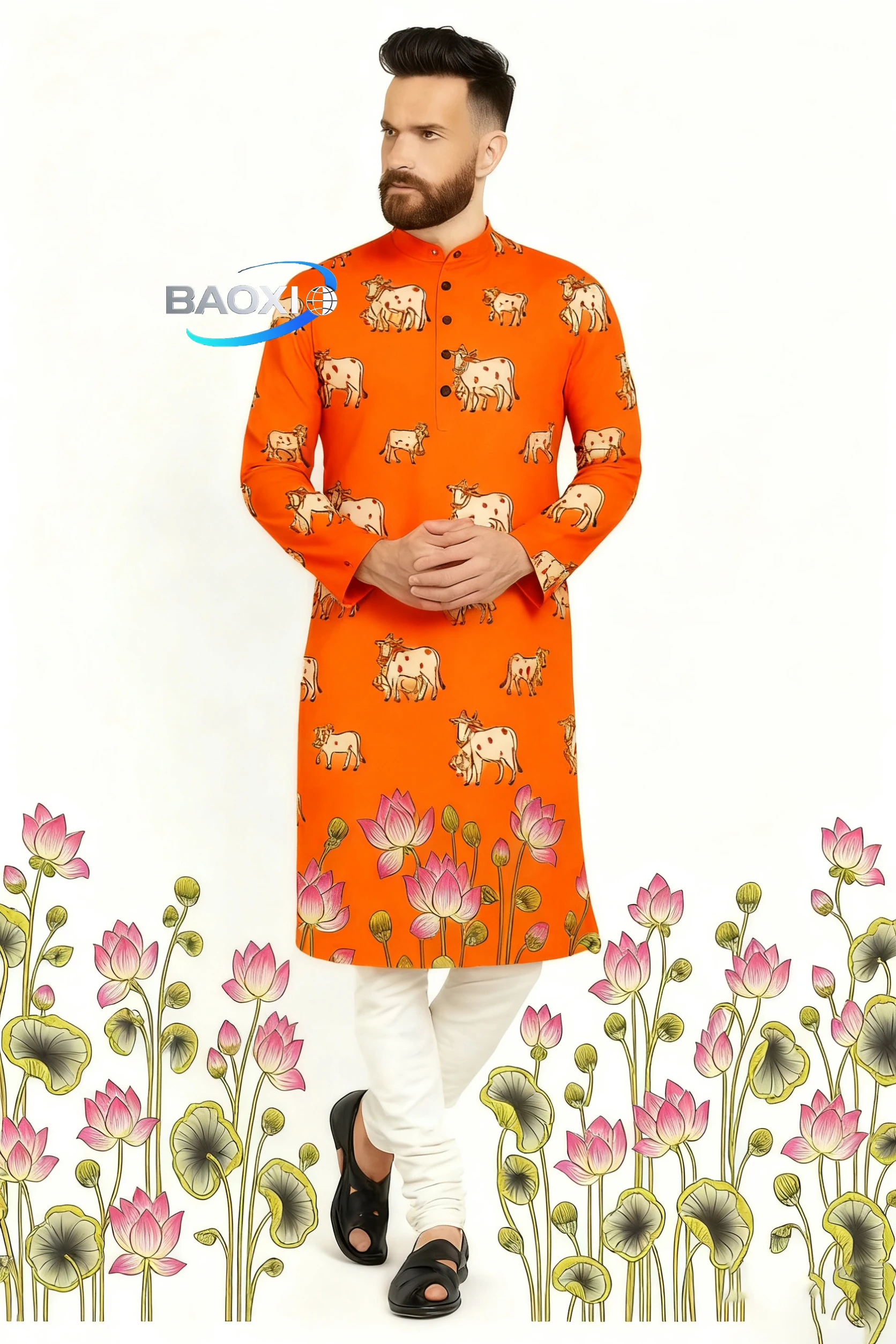 Kurt men digital printed kurta vardha regular fit Mandarin collar long suitable All Occasions such wedding Hari Raya Aidilfitri