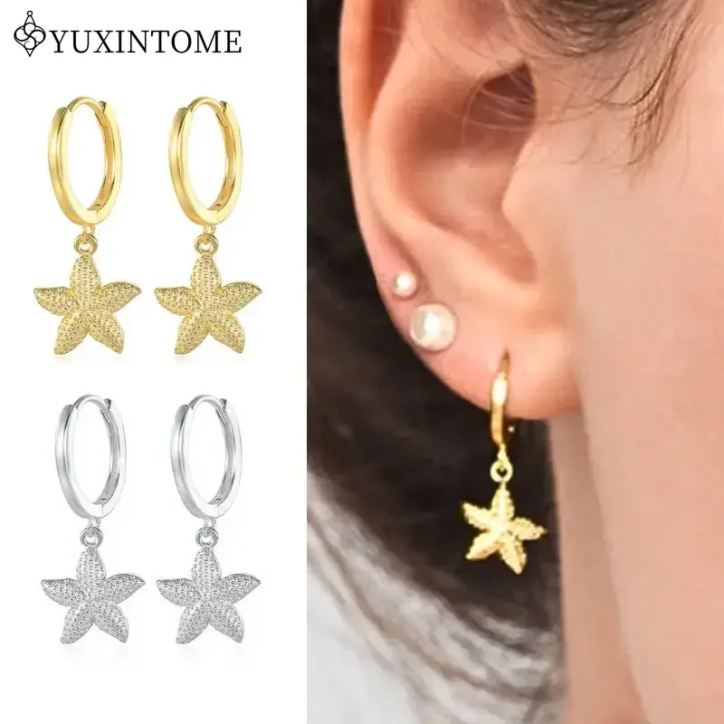 925 Sterling Silver Ear Needle Starfish Rivet Pendant Hoop Earrings For Women Star Cute Huggie Earrings Fashion Party Jewelry