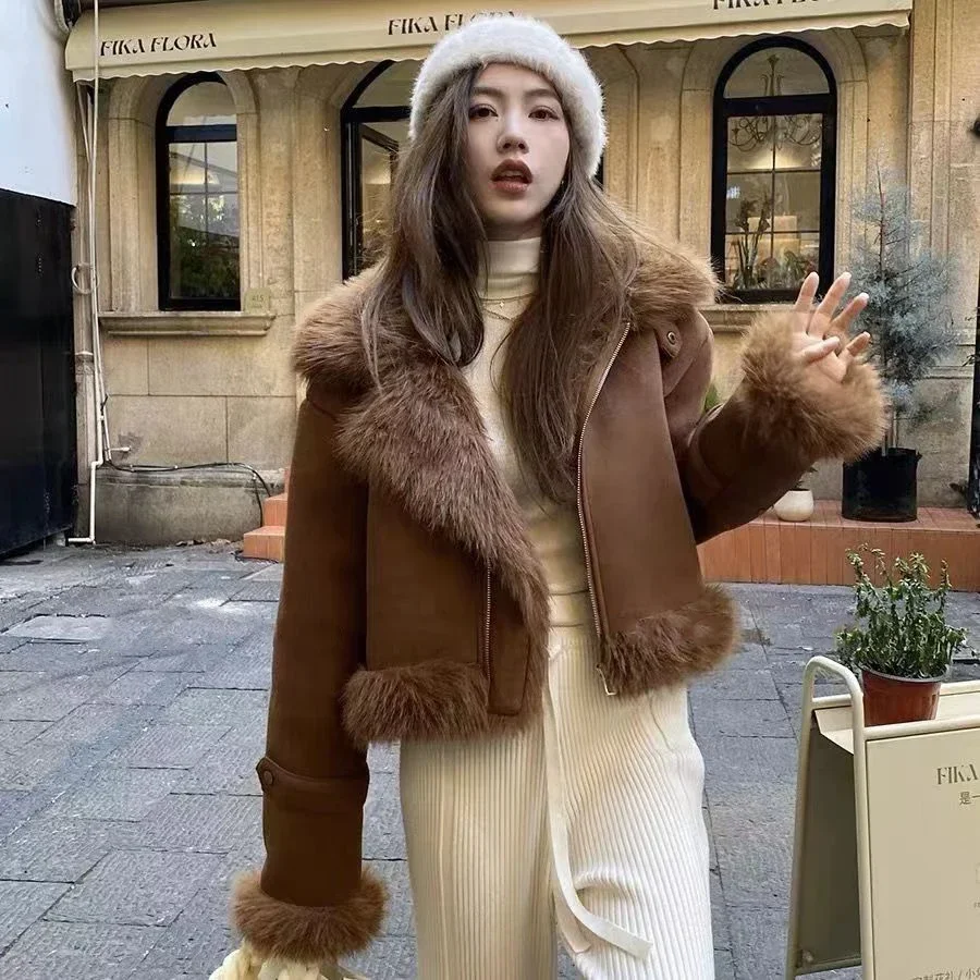 Jaqueta feminina de pele de camurça falsa, casaco curto lapela, casacos motociclista, tops outwear, moda inverno Streetwear