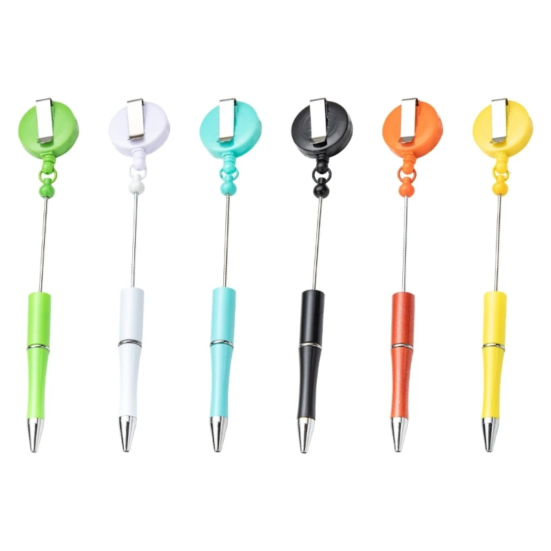 6 шт., шариковая ручка из бисера с выдвижным держателем для значка, ручка из бисера с катушкой для значка, зажим для ремня для
