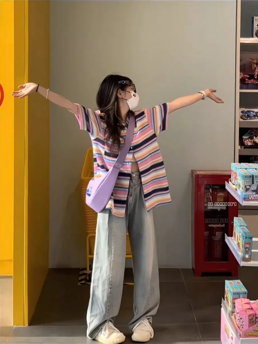 

Футболка оверсайз из хлопка с американским полосатым узором, летняя, свободного кроя, креативный дизайн, для женщин