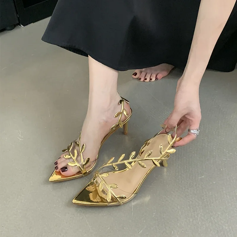 2025 Summer Women's High Heels Fashion Pointed Toe Leaves PVC Ankle Straps Gold Silver Sandals Party Dress Wedding Shoes