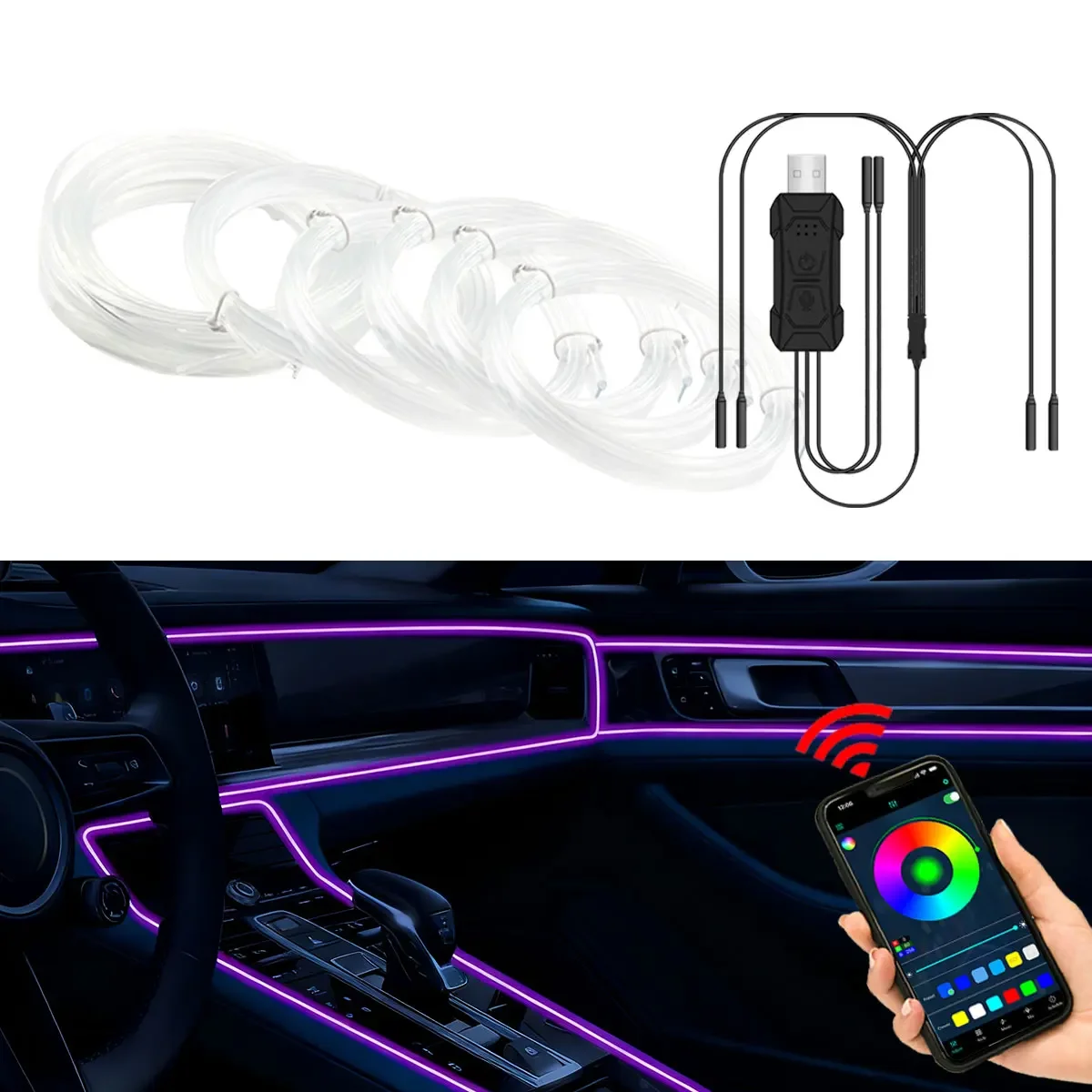LED Ambient Light Neon Car Interior Strip Light RGB Auto Environment Light APP Control Car Center Console Decoration Accessories