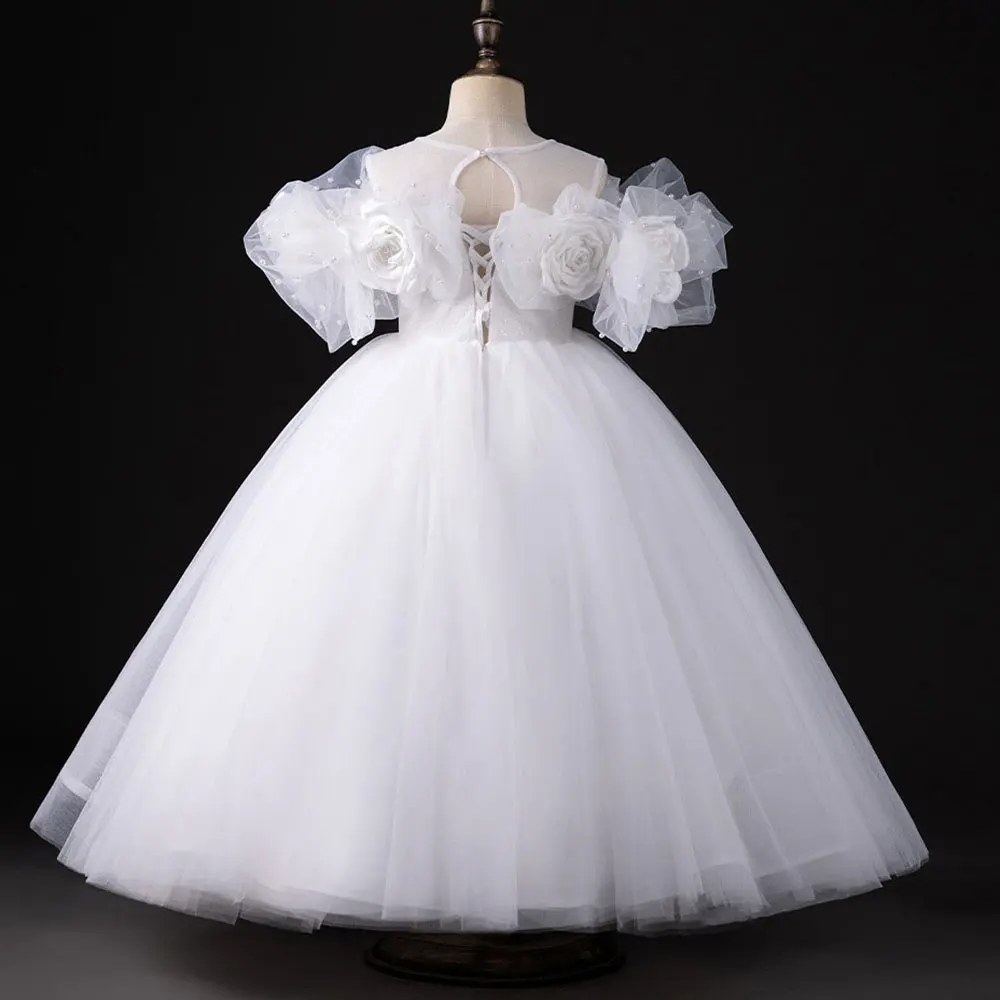 Jill Wish-vestido de luxo branco florista, vestido de princesa árabe para crianças, festa de casamento, vestido longo, flores artesanais, 2024, J388