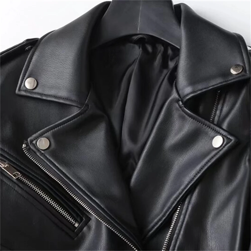 PB&ZA women\'s 2024 new fashion street style zipper imitation leather motorcycle jacket leather coat 3046/029