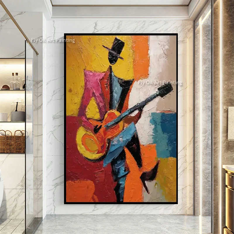 Abstract Red Yellow Artwork Men Playing Guitar Original Oil Painting Handmade Canvas Thick Blue White Women Portrait Wall Decor