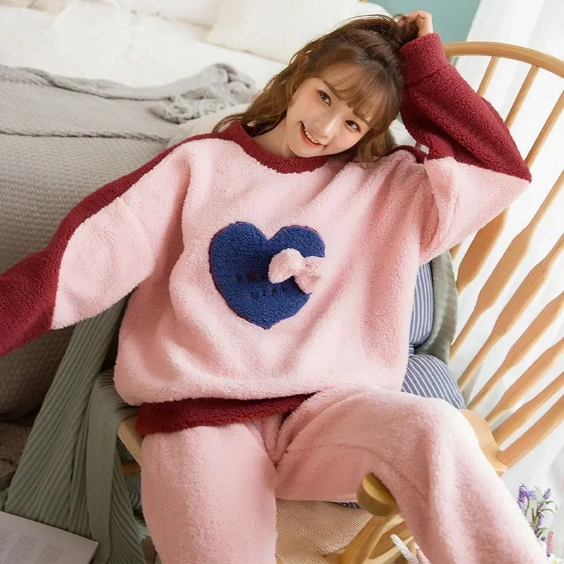 Women Winter 2025 New Sleepwear Thick Plush Loungewear Set Coral Velvet Double-sided Lamb Down Warm Female Flannel Homewear Set