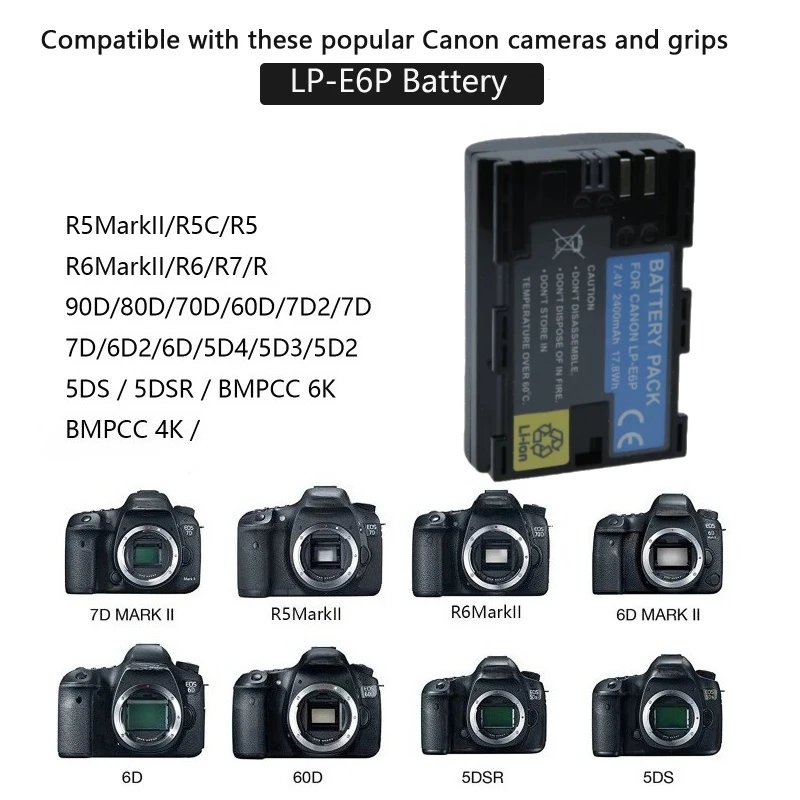 For Canon EOS R5 II R5 R6 II R7 R5C 5D4 6D 7D 60D 70D 80D 90D LP-E6P 7.4V 2400mAh Full Decoded Rechargeable Li-ion Battery