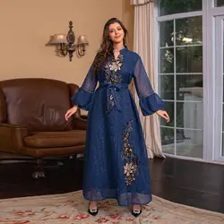 Ricamo abiti lunghi Dubai Abaya abito musulmano per le donne Femme Lace-up caftano abiti turchi islamici caftano Femme Musulman