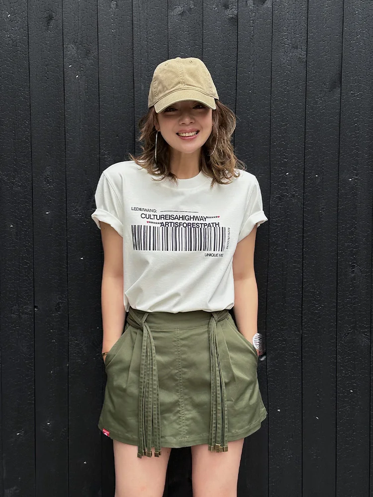 

Женская футболка LEDIM WANG с принтом штрих-кода, летняя новинка, белая, с коротким рукавом, повседневная, модная, с креативным узором, из нейлона, модала и спандекса