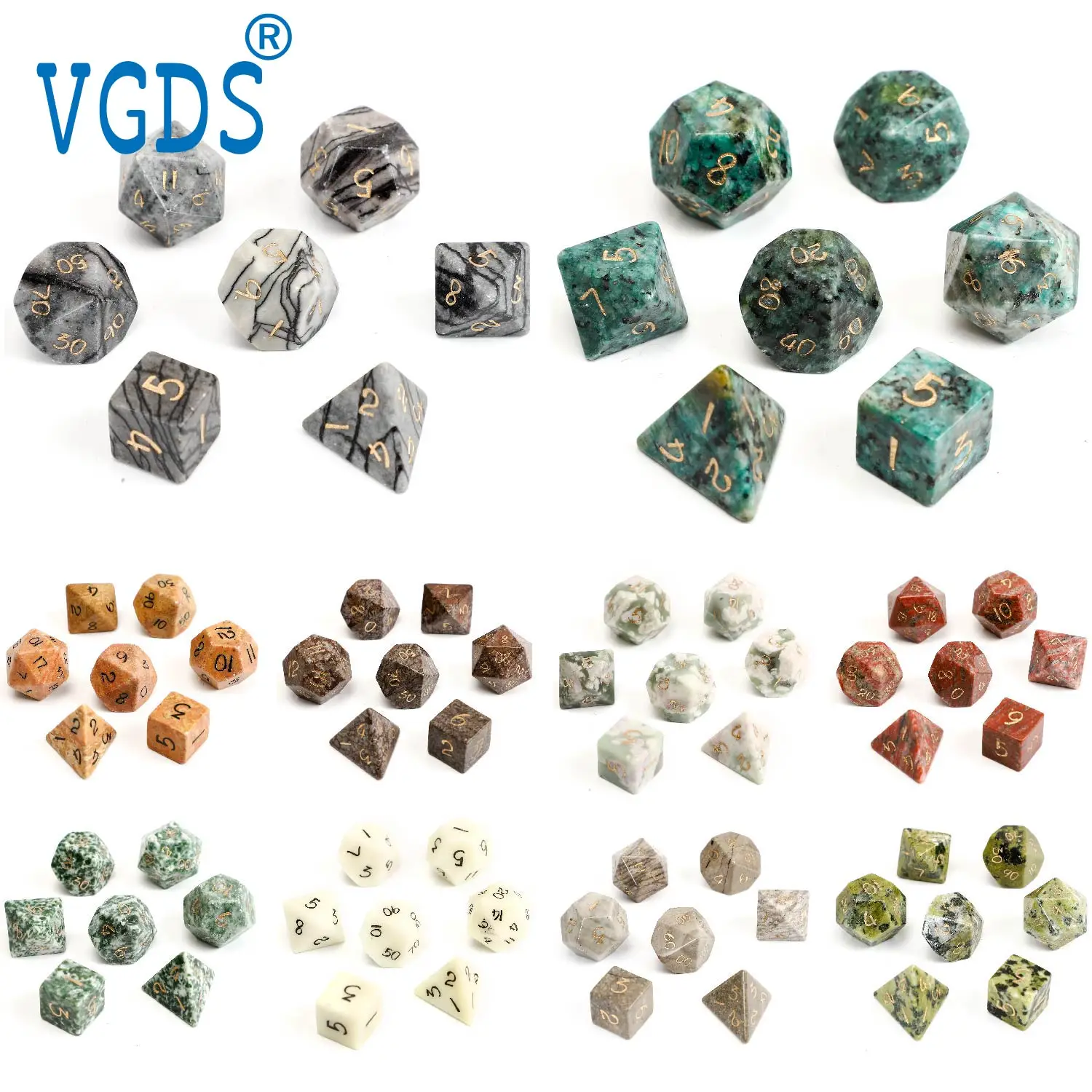 

7 Polyhedral Dice Set Natural Crystal Gemstone Carving Young Round Font Dice D4 D6 D8 D10 D% D12 D20 Family Gathering Game Dice