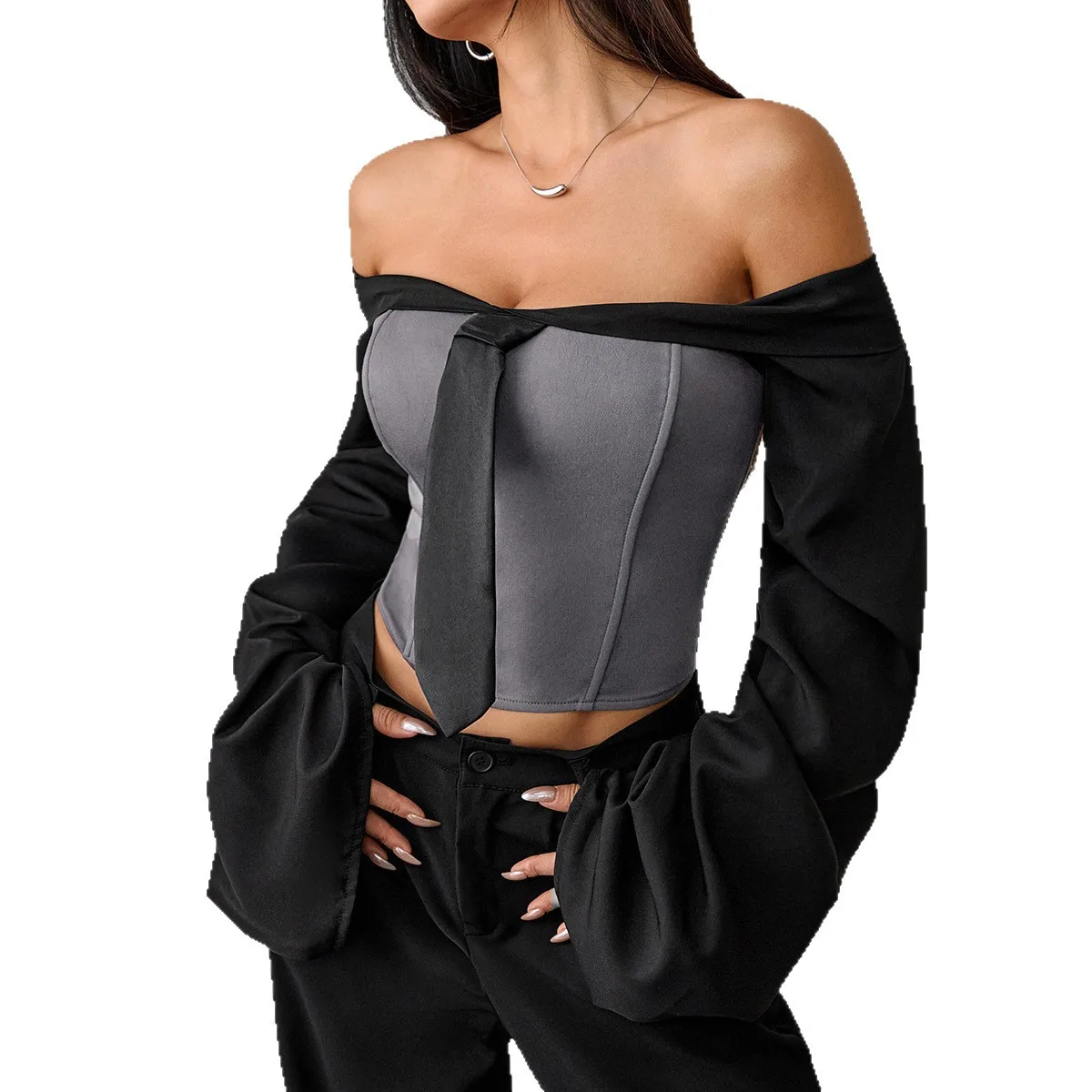 2025 Sexy Long-Sleeve Strapless Tank Top for Women Fall Slim-Fit Tie-Front Corset-Style Short Top with Fishbone Design