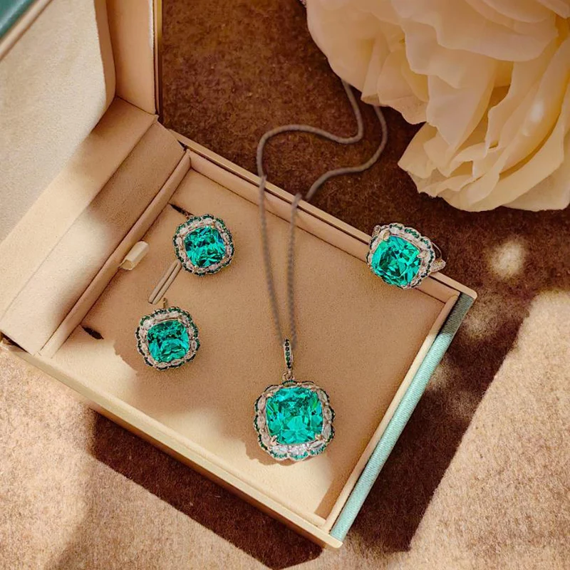 Luxury French Fat Square Crystal Earrings Royal Blue Pendant Necklace Shiny Ring for Women Jewelry Set Party Accessories