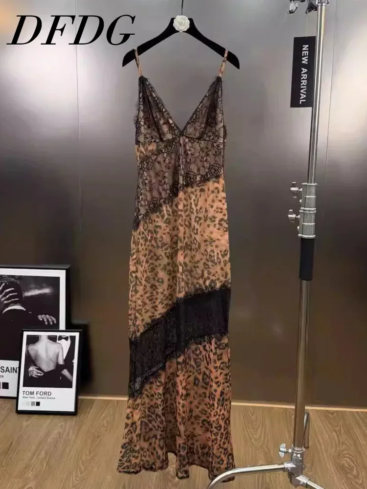 

DFDG Women's 2025 Spring Summer Leopard Dress Lace Paneled Deep V Camisole Sexy Mermaid Maxi Dress Elegant Chic Outfit Dress