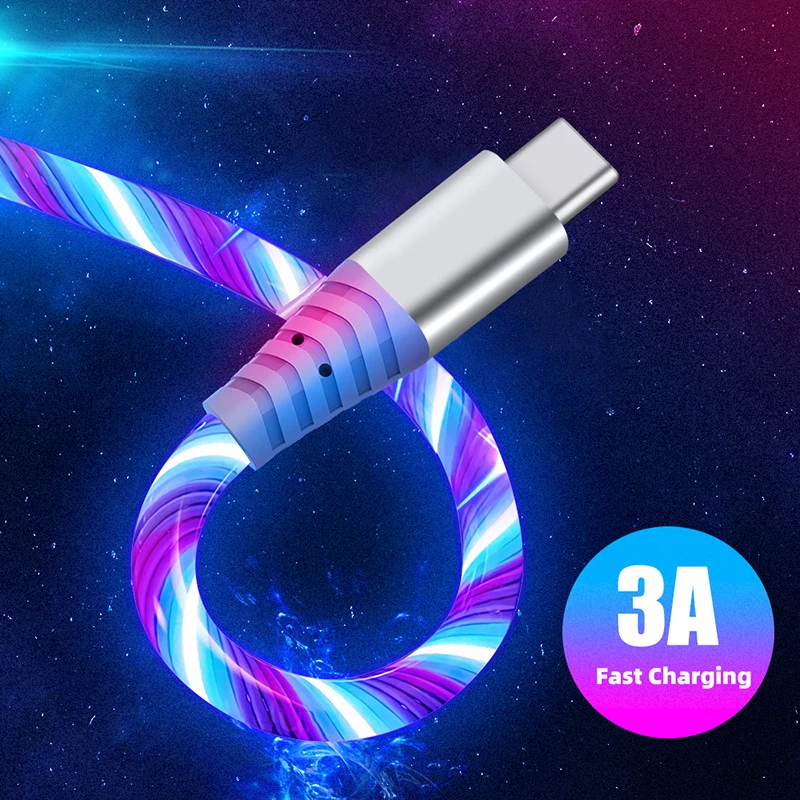 LED Glowing Cable 3A Fast Charging Cable Micro USB Type C High Speed Data Transfer Cable Flowing Streamer Light LED USB C Cord