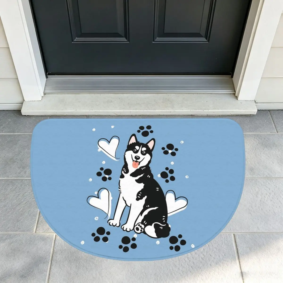 Love Black White Siberian Husky Dog Flannel Half Round Doormat Non Slip Bathroom Mat Absorbent Floor Carpet for Laundry Room