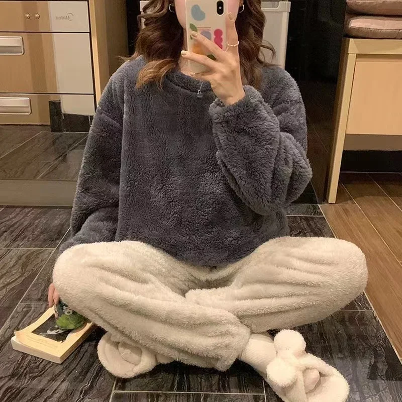 Fat Female Oversize Add Large Size Warm Outdoor Clothes Suit Women Winter Loose Long-Sleeve Flannel Thickening Pajama+Pants Set