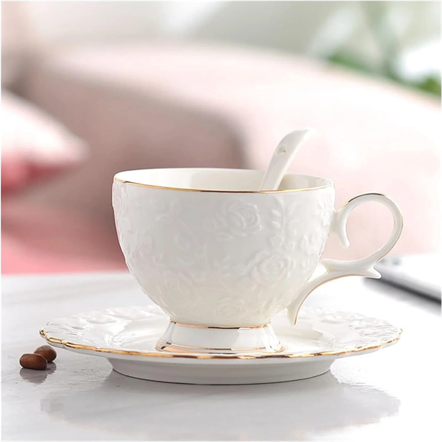 Cafe Desk White Porcelain Tea Set with Ceramic Cups and Saucers - 200ml Cup for Coffee or Afternoon Tea